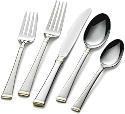 Picture of Mikasa Harmony 65-Piece Flatware Set for 12, 18/10 Stainless Steel Silverware with Gold Accent Handles, Service for 12 with Serving Utensils, Dishwasher Safe