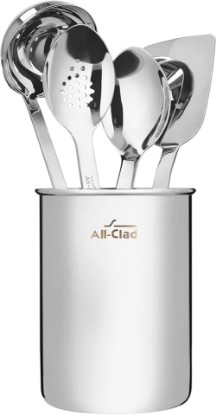Picture of All-Clad 5-Piece Stainless Steel Kitchen Utensil Set – Includes Ladle, Solid Spoon, Slotted Spoon, Turner & Storage Caddy – Heavy-Gauge, Ergonomic, Dishwasher Safe, Silver