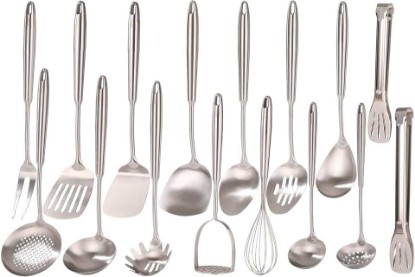 Picture of 18/10 Stainless Steel Cooking Utensils Set - 16 PCS All Metal Utensils | Kitchen Tools - Whisk, Masher, Fork, Tong, Solid Slotted Spoon, Spatula, Turner, Ladle, Skimmer, Pasta, Small Large Spoon Set