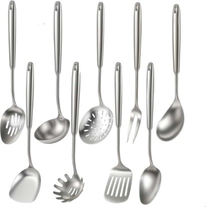 Picture of Newness 9 Pcs Cooking Utensils Set, 304 Stainless Steel Kitchen Utensils Set, Metal Kitchen Accessories, Include Soup Ladle, Slotted Skimmer Spoon, Spaghetti Spoon and Spatula, Dishwasher Safe