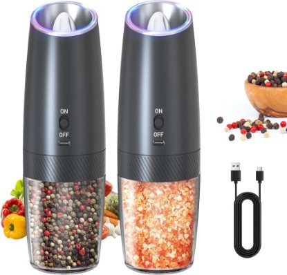 Picture of CIRCLE JOY Rechargeable Electric Salt and Pepper Grinder Set Gravity Salt and Pepper Mills Set with LED Light, No Battery Needed, Adjustable Coarseness, Washable 135ml Container, Black