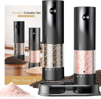 Picture of Electric Salt and Pepper Grinder Set - Rechargeable Automatic Salt and Pepper Shakers, Kitchen Appliances with External Adjustable Coarseness, Larger Hopper for Cooking, Home Gifts(2 Pack,Black/Black)