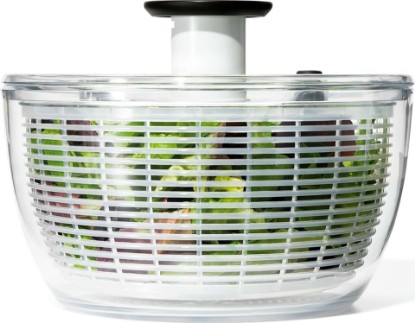 Picture of OXO Good Grips Salad Spinner | Lettuce Spinner | Fruit Washer | Fruit Washing Bowl with Strainer | Vegetable Cleaner | Salad Cleaner | Lettuce Washer | 6.22 Quart Capacity | Spin-dry Lettuce, Herbs, Fruit, Vegetables, Non-Slip Base, Large Capacity Bowl, Easy One-Touch Press Pump, Meal Prep
