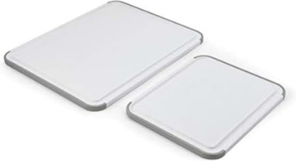 Picture of KitchenAid Classic Nonslip 2-Piece Plastic Cutting Board Set with Perimeter Trench and Non Slip Edges, 2-Piece Kitchen Chopping Boards, Dishwasher-Safe, White and Gray