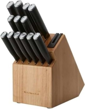Picture of KitchenAid Classic Step Knife Block Set with Built-In Knife Sharpener, Stainless Steel Kitchen Knives, Sharp Kitchen Knife Set with Block, 14-Piece, Natural