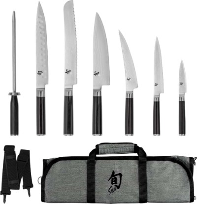 Picture of Shun Classic 8 Piece Student Set | Includes 8" Chef, 3.5" Paring, 6" Utility Knives & More, Handcrafted, Damascus Stainless Steel Cladding, Pakkawood Handle