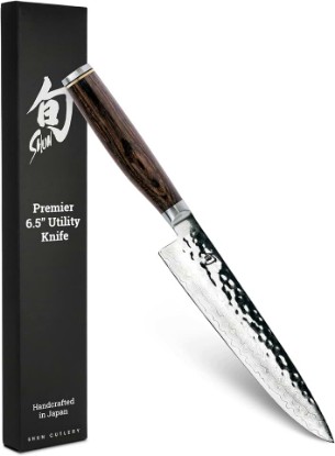 Picture of Shun Premier 6.5" Utility Knife, Handcrafted Japanese Knife, VG-MAX Core with Damascus Stainless Steel Cladding, Pakkawood Handle, Precision and Sharpness for Professional and Home Chefs | Handcrafted Japanese Knife, Precision and Sharpness, VG-MAX Core, Damascus Stainless Steel Cladding, Pakkawood Handle