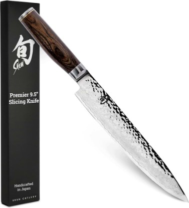 Picture of Shun Premier 9.5" Slicing Knife, Handcrafted Japanese Meat Slicing Knife, Long and Thin Blade, VG-MAX Core with Damascus Stainless Steel Cladding, Pakkawood Handle | Handcrafted Japanese Meat Slicing Knife, VG-MAX Core, Damascus Stainless Steel Cladding, Pakkawood Handle