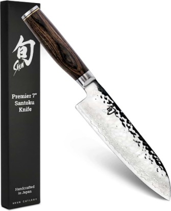 Picture of Shun Premier 7" Santoku Knife, Handcrafted and Hand-Sharpened Japanese All Purpose Knife, VG-MAX Core with Damascus Stainless Steel Cladding, Pakkawood Handle, Versatile Japanese Cutting Tool | Handcrafted and Hand-Sharpened Japanese All Purpose Knife, VG-MAX Core, Damascus Stainless Steel Cladding, Pakkawood Handle