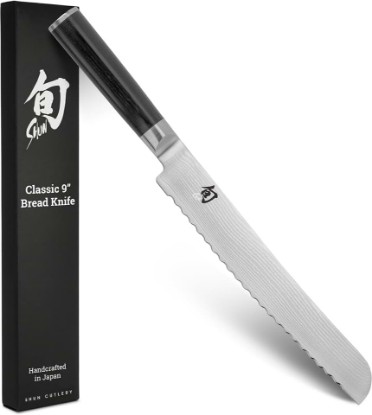 Picture of Shun Classic 9" Bread Knife, Handcrafted Japanese Serrated Knife, VG-MAX Core with Damascus Stainless Steel Cladding, Pakkawood Handle, Slicing Tool for Professional and Home Chefs