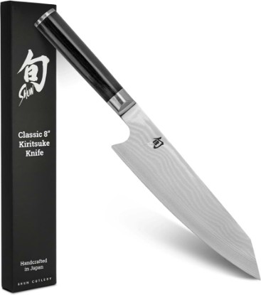 Picture of Shun Classic 8" Kiritsuke Knife, Handcrafted Japanese Kitchen Knife for Professional and Home Chefs, VG-MAX Core with Damascus Stainless Steel Cladding, Pakkawood Handle