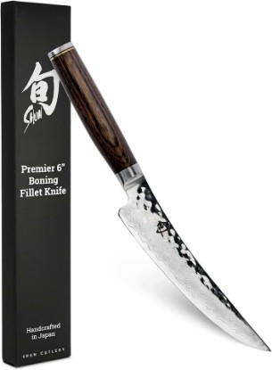 Picture of Shun Premier 6" Gokujo Boning Knife, Handcrafted Japanese Boning & Fillet Knife, VG-MAX Core with Damascus Stainless Steel Cladding, Pakkawood Handle, Meat & Fish Tool for Professional and Home Chefs | Handcrafted Japanese Boning & Fillet Knife, VG-MAX Core, Damascus Stainless Steel Cladding, Pakkawood Handle