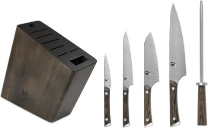 Picture of Shun Kanso 6 Piece Block Set, Includes 8" Chef, 3.5" Paring, 6" Utility, 5.5" Santoku Knives & More, Handcrafted Japanese Knife Set, AUS10A Stainless Steel Blades, Tagayasan Handles | Includes 8" Chef, 3.5" Paring, 6" Utility, Handcrafted, AUS10A Stainless Steel Blades, Tagayasan Handle