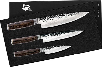 Picture of Shun Premier 3 Piece Starter Set | Includes 8" Chef, 4" Paring & 6.5" Utility Knives, VG-MAX Core, Damascus Stainless Steel Cladding, Pakkawood Handle