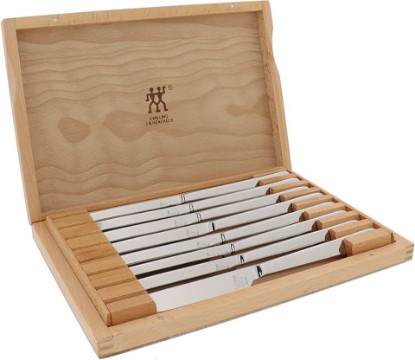 Picture of ZWILLING Ultra-Sharp Steak Knives Set of 8 with Wood Gift Box | Slice Through Steak, Pork Chops, & Chicken Cutlets with ZWILLING Serrated Steak Knives. Durable, Forged and Easy to Clean.