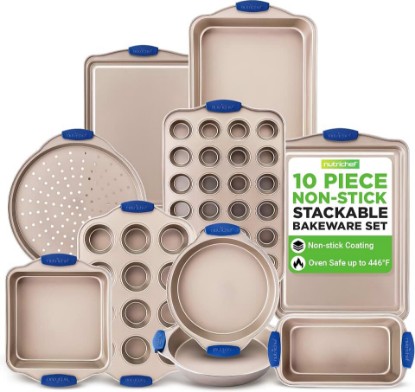 Picture of NutriChef 10-Piece Nonstick Bakeware Set - Premium Carbon Steel Baking Pan Set w/Heatsafe Silicone Handles, Includes Pizza Crisper, Loaf Pan, 12 & 24 Cup Muffin Pans, Cake Pans, Cookie Sheets