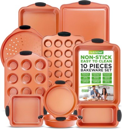 Picture of NutriChef 10 Pc Baking Pans Set Nonstick, Cookie Sheet and Pizza Pans | Heavy Duty Carbon Steel, Includes Cookie Sheets, Muffin Pan, Loaf Pan, Silicone Handles, Warp Resistant, Oven Safe