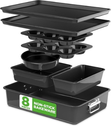 Picture of NutriChef 8-Piece Stackable Nonstick Bakeware Set - Premium Steel Baking Pans Set - Includes Round Cake Pan, 6-Cup Muffin Pans, Wide/Square Brownie & Loaf Pans, Cookie Sheet, & Roaster Pan (Black)