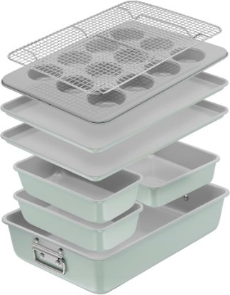 Picture of T-fal Refresh Ceramic Nonstick Baking Pans Set (8 Pc), Roaster, 12-Cup for Muffins, Loaf Trays, Baking Sheets Non Stick, Cooling Cooking Rack, Stackable Bakeware Set, Mint Green