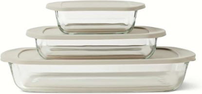 Picture of Amazon Basics Glass Baking Dishes with BPA-Free Lids, 6-Piece Bakeware Set, Borosilicate Glass, Oven-Safe up to 752°F, Non-Slip and Stackable, Dishwasher-Safe, Linen Gray