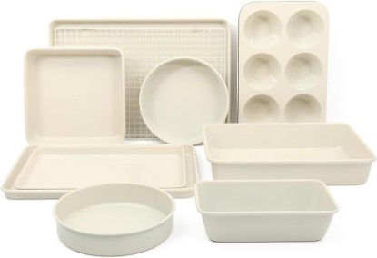 Picture of Martha Stewart Gallen 10 Piece Baking Pans Ceramic PFA Free Non Toxic Non Stick Bakeware Set - Linen White