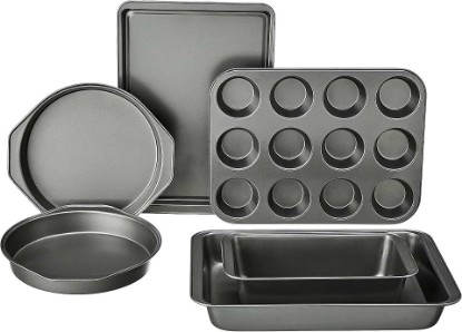 Picture of Amazon Basics 6 Piece Nonstick Carbon Steel Bakeware Set with Cake, Muffin, Cookie, and Loaf Pans, Easy Release, Oven Safe, 16.25 x 11.75 x 6.25 inches