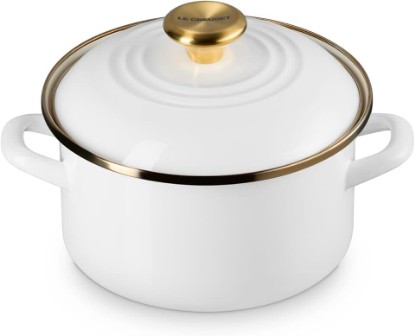 Picture of Le Creuset Enamel on Steel Traditional Petite Stockpot, 3.8 qt., White/Gold