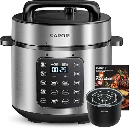 Picture of carori Electric Pressure Cooker 6 Quart Silver, Non-stick Pot, 9-in-1 Instant Pot, 12 Preset Functions with Touchscreen, Safe Steam Release, Stew, Slow Cook, Rice, Sauté, Warmer