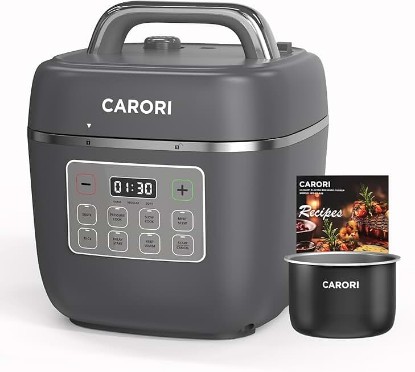 Picture of carori 8-in-1 Electric Pressure Cooker, Compact 3 QT All-in-1 Multi-Cooker with Ceramic Pot, Saute, Slow Cook, Rice, Stew, Delay Start, Keep Warm & Safe Vent, Gray