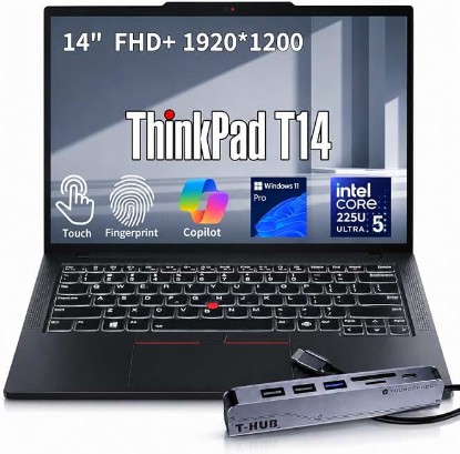 Picture of Lenovo ThinkPad T14 Business AI Laptop, 14" FHD+ Touchscreen, Intel Core Ultra 5 225U, 32GB DDR5, 1TB SSD, Fingerprint, Backlit Keyboard, 5MP Webcam, Wi-Fi 6E, HDMI, Windows 11 Pro, w/Hub Bundle
