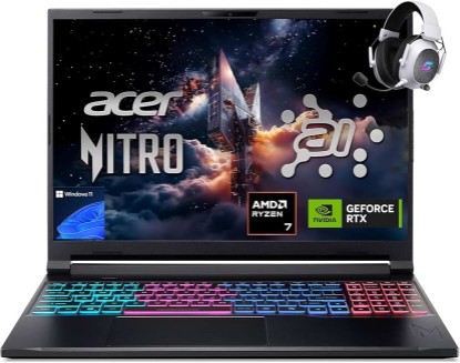 Picture of Acer Nitro V 16S AI Gaming Laptop,Ryzen 7 260, GeForce RTX 5060 8GB GDDR7 | 16" WUXGA IPS 180Hz Display, 32GB DDR5 RAM, 1TB Gen 4 SSD, Win 11 Home, Wi-Fi 6, 4 Zone-RGB Backlit KB, HHDMI,w/Headsest