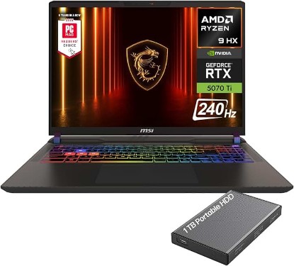 Picture of msi Vector 16 HX AI 16" 240Hz QHD+ Gaming Laptop, AMD Ryzen 9 8940HX, NVIDIA Geforce RTX 5070Ti 12GB GDDR7, 16GB DDR5 RAM, 1TB SSD, Thunderbolt 4, Wi-Fi 7, RGB Backlit, Win 11, w/1TB Portable HDD