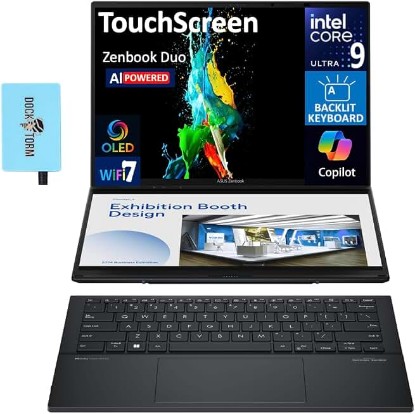 Picture of ASUS Zenbook Duo AI Powered 2-in-1 Laptop 14.0" Touchscreen OLED WUXGA Display (Intel Ultra 9-285H, 32GB LPDDR5X, 2TB PCIe SSD, Backlit KB, 2 Thunderbolt 4, WiFi 7, Win 11 Pro) w/DKZ USB Port Expander Global Recycled Standard