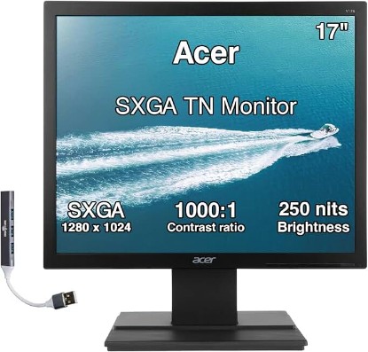 Picture of Acer 17" SXGA TN Monitor with 5ms Response Time, Anti-Glare | 250 nits Brightness, VESA Mount (100mm x 100mm), VGA & Dockztorm USB Port Expander, Black Color Global Recycled Standard