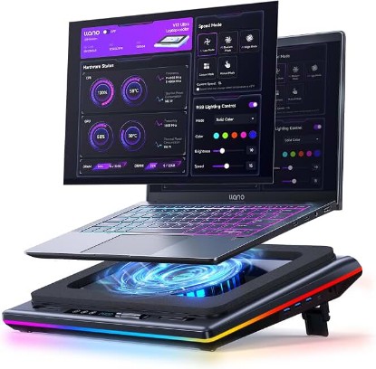 Picture of llano V12 Ultra Laptop Cooling Pad with Smart Software Control Laptop Fan | Laptop Stand RGB, 5.5" Turbo Fan, Adjustable Speed, 3-Port USB 3.0 Hub, 3 Height Stands, for 15.6"-19" Gaming Laptops, Black ClimatePartner certified