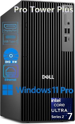 Picture of Dell Pro Tower Plus Core Ultra 7 265 16GB DDR5 1TB SSD Desktop Computer | AI Boost with Intel 20-Core 13 TOPS NPU up to 5.3GHz, DVD-RW, 3 DisplayPorts, 2 USB-C, Windows 11 Pro Business PC