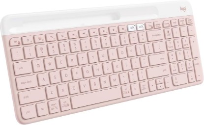 Picture of Logitech K585 Slim Wireless Keyboard with Built-in Phone Cradle - Rose | Compact layout, full number pad, cradle holds smartphone or 10 in. tablet in landscape mode, Bluetooth, includes USB receiver