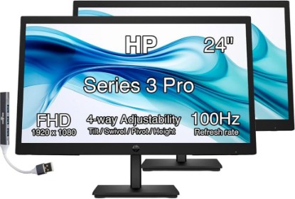 Picture of HP Series 3 Pro 24" 100Hz FHD IPS Monitor with Adjustable Tilt | Swivel/Pivot/Height, Built-In Dual 2W Speakers, VESA Mount (100mm), VGA, Displayport, HDMI with DKZ Hub, Black 2 Pack Global Recycled Standard