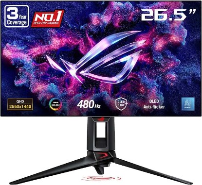 Picture of ASUS ROG PG27AQDP 27 Inch 1440p 480Hz OLED Gaming Monitor | Custom Heatsink, 0.03ms, G-SYNC Compatible, WOLED, DisplayHDR 400, AI Assistant, True 10-bit, 99% DCI-P3, for PS5 and Xbox