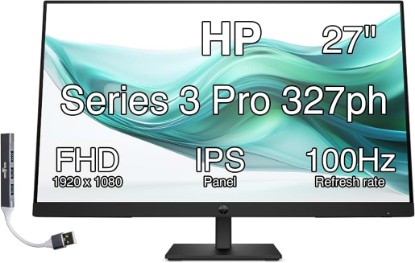Picture of HP Series 3 Pro 327ph 27" IPS w/5ms Response Time, Flicker Free Monitor | Built-in 2x2W Speakers, Height Adjustable, Anti-Glare, VESA Mount (100mm), HDMI & Dockztorm USB Port Expander (B0CG8UT#ABA) Global Recycled Standard