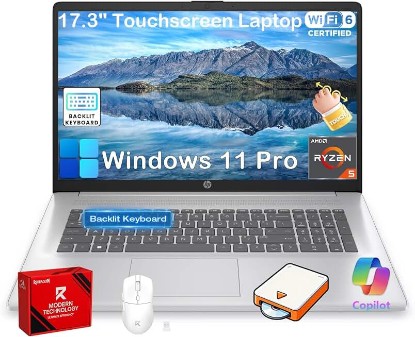 Picture of HP 17.3" Touchscreen Business Laptop, 20GB RAM, 1TB SSD, AMD Ryzen 5 7430U | Backlit Keyboard, Windows 11 Pro, Fast Charge, AI Copilot, 17.3" HD+ Anti-Glare Display, Wi-Fi 6, w/Accessories