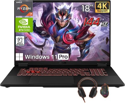 Picture of ASUS TUF A18 Gaming Laptop, NVIDIA RTX 5060, 16GB DDR5, 1TB SSD | Supports 4K, AMD XDNA NPU(16 TOPS), AMD Ryzen 7 260, 18” FHD+ 144Hz Display, Backlit KB, Win 11 Pro, Headphone & Mouse Set