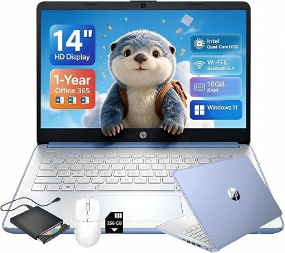Picture of HP 14-inch Laptop Ultra Light - 1-Y Office 365, Long Battery Life, Wi-Fi 6 | Intel Quad-Core N150, 16GB RAM, 128GB UFS, 256GB SD Card, Windows 11, Bluetooth 5.4, USB-C, for Business & Student, Blue