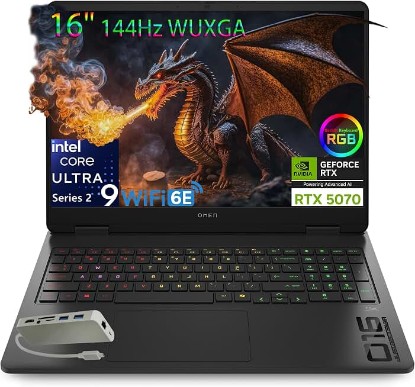Picture of HP OMEN 16" 144Hz WUXGA Slim Gaming Laptop, Intel 16-Core Ultra 9 285H, GeForce RTX 5070 Computer, 32GB DDR5 RAM, 1TB SSD, WiFi 6E, RGB Backlit KB, Windows 11, Type-C Hub