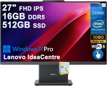 Picture of Lenovo IdeaCentre AIO Desktop | 27" FHD IPS Touchscreen (99% sRGB) | Intel 10-core i7-13620H (>Ultra 9 185H) | 16GB DDR5 512GB SSD | Type-C Harman Speaker Wi-Fi6 5MP Camera Win11Pro w/DLCA Accessory