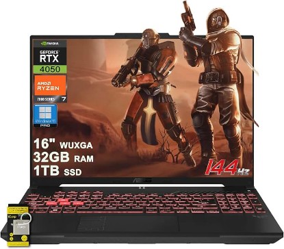 Picture of ASUS TUF Gaming A16 Laptop 16" WUXGA IPS 144Hz AMD 6-core Ryzen 7 7445HS 32GB RAM 1TB SSD GeForce RTX 4050 (Up to 194 AI Tops) RGB Backlit USB4 Two-Way AI Noise Cancelation Win11Pro ICP Hub