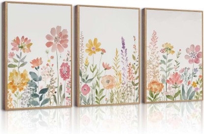 Picture of Watercolor Wildflower Wall Art Decor Colorful Flower Pictures Canvas Floral Botanical Wall Art Vintage Prints Poster Floral Painting Artwork for Living Room Bedroom 16x24 Inch Unframed Set of 3