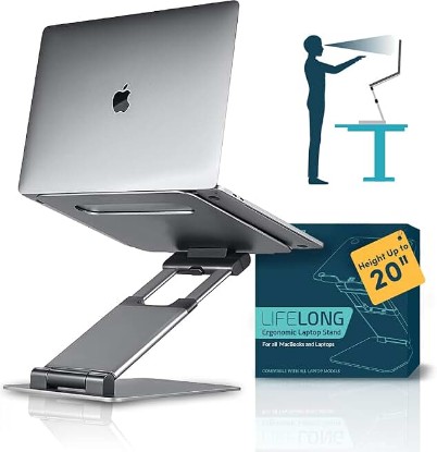 Picture of Lifelong Aluminum Adjustable Laptop Stand, Extra Tall 20" Riser, Grey | Ergonomic Portable Foldable Computer Stand, Fits 10-17” Laptops for Office Meetings, Teamwork & Desk Setup