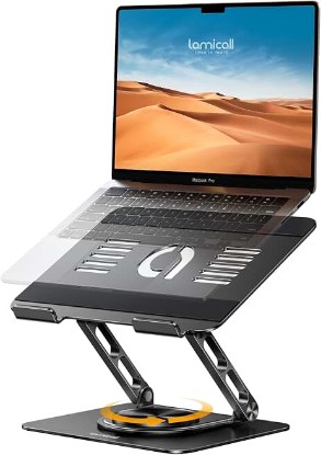 Picture of Lamicall Aluminum Laptop Stand for Desk for MacBook Neo Air Pro 10-17.3'' | Adjustable Laptop Riser, 360° Rotating Base Computer Stand Ergonomic Foldable Protable fits Dell HP Office Home College Black Global Recycled Standard
