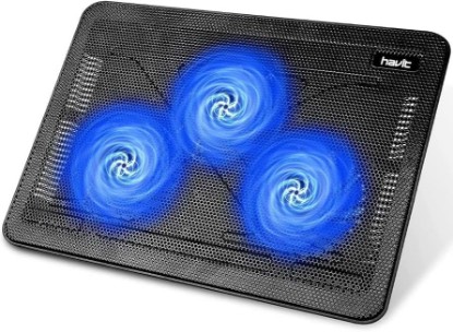Picture of havit HV-F2056 15.6"-17" Laptop Cooler Cooling Pad - Slim Portable USB Powered (3 Fans), Black/Blue | Three quiet USB-powered fans circulate air below the laptop, two height settings improve viewing and typing comfort